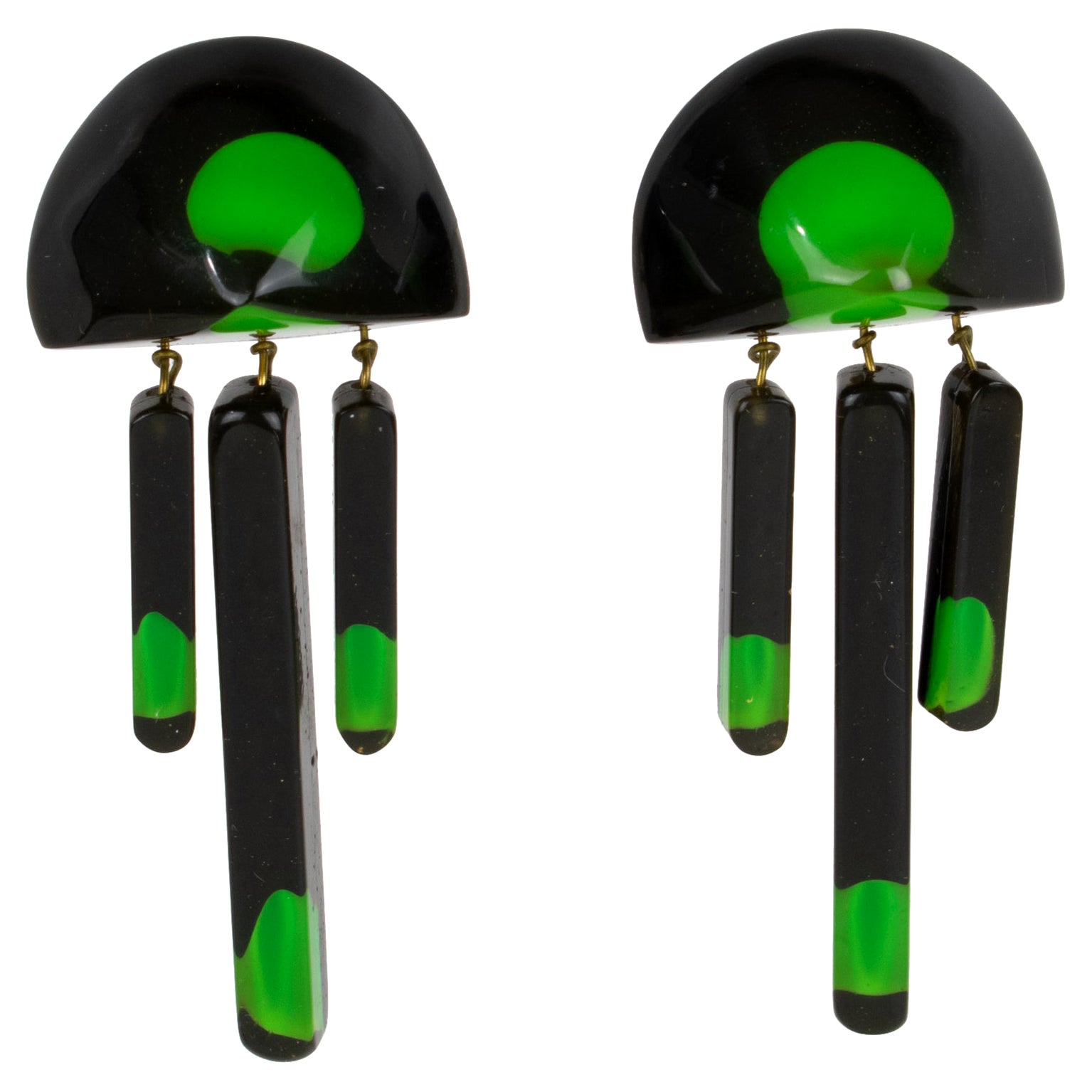 Black and Green Lucite Geometric Dangle Clip Earrings