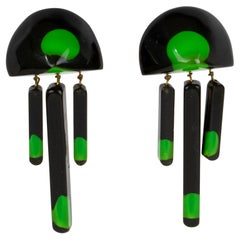 Black and Green Lucite Geometric Dangle Clip Earrings