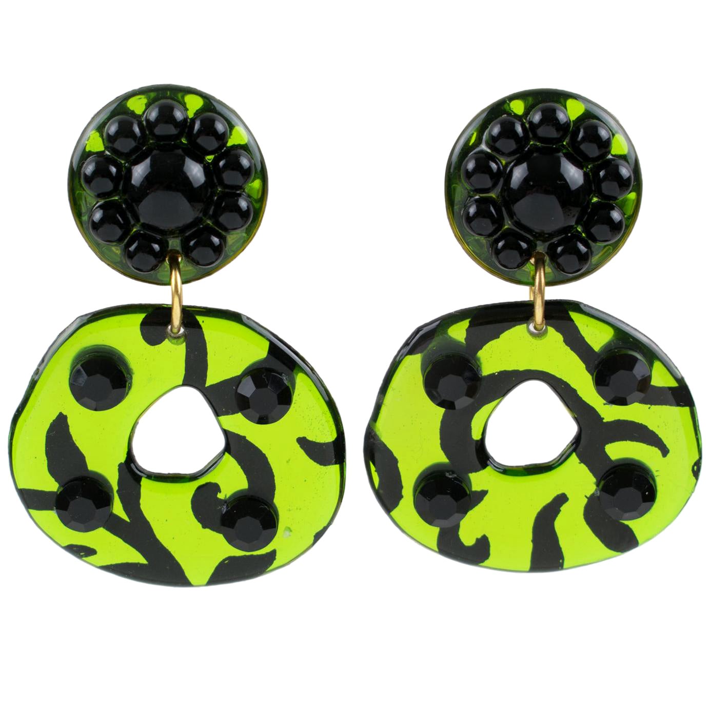 Black and Green Lucite Dangle Donut Clip Earrings For Sale