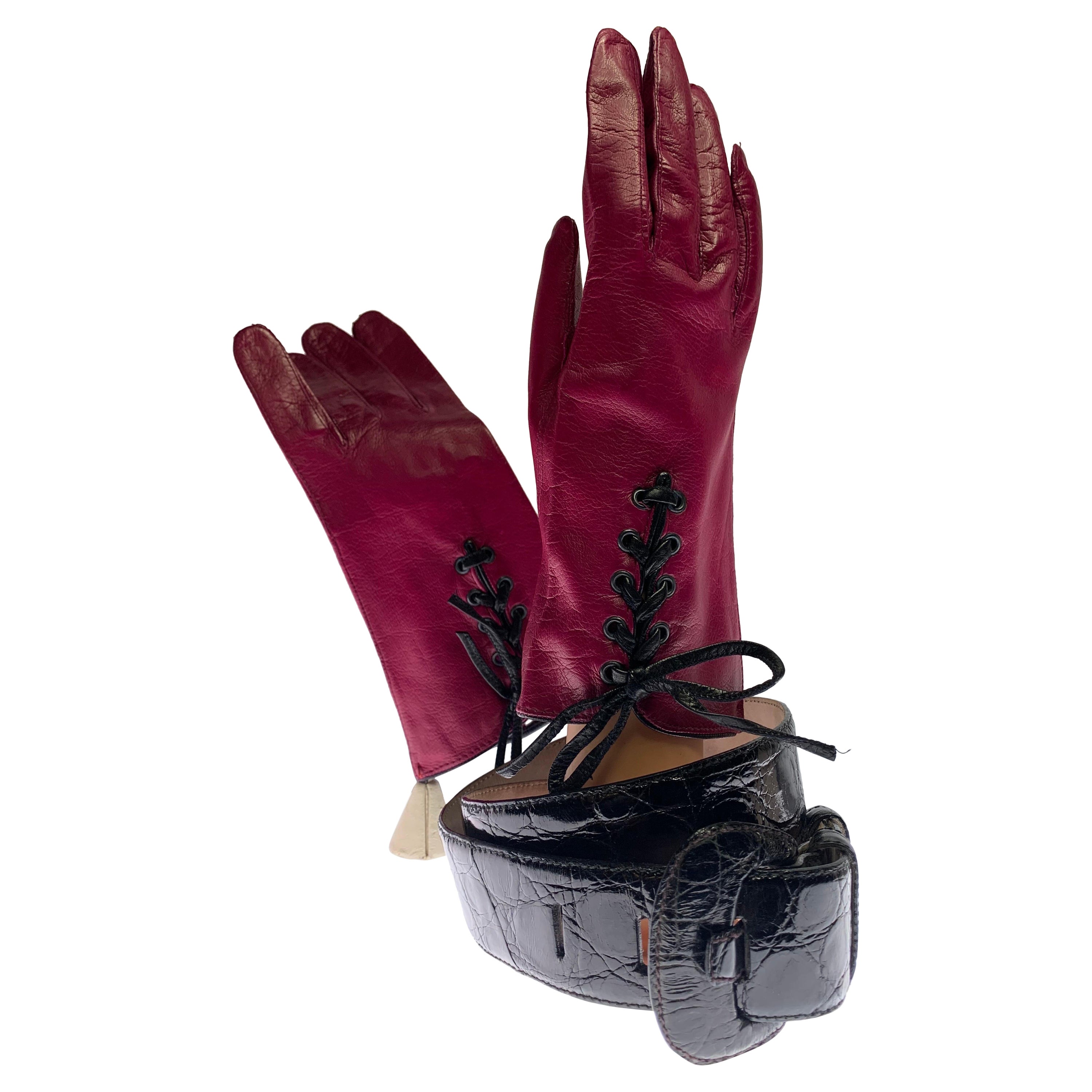 1980s Burgundy Lace-Up Leather Gloves & Genuine Caiman Crocodile Belt Set For Sale