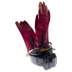 1980s Burgundy Lace-Up Leather Gloves & Genuine Caiman Crocodile Belt Set