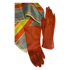 Retro Orange Leather Gloves & Coordinating Graphic Print Vera Silk Scarf Set