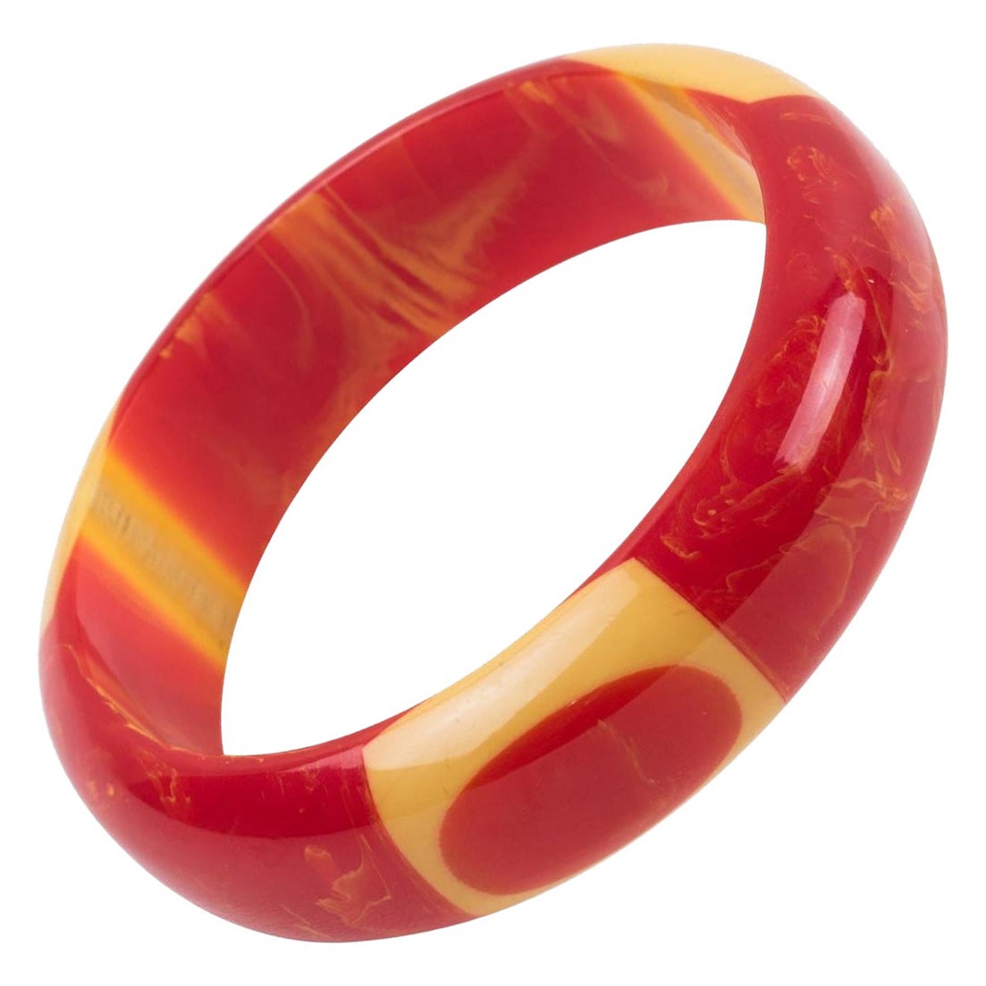 Belle Kogan Art Deco Bakelite Bracelet Bangle Red and Yellow Elongated Dot For Sale