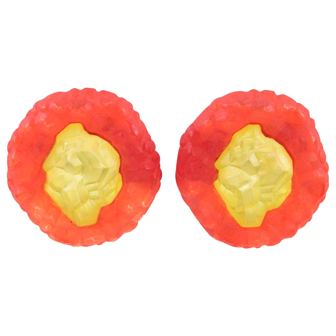 Frosted Yellow and Red Rock Lucite Clip Earrings For Sale