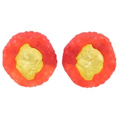 Vintage Frosted Yellow and Red Rock Lucite Clip Earrings