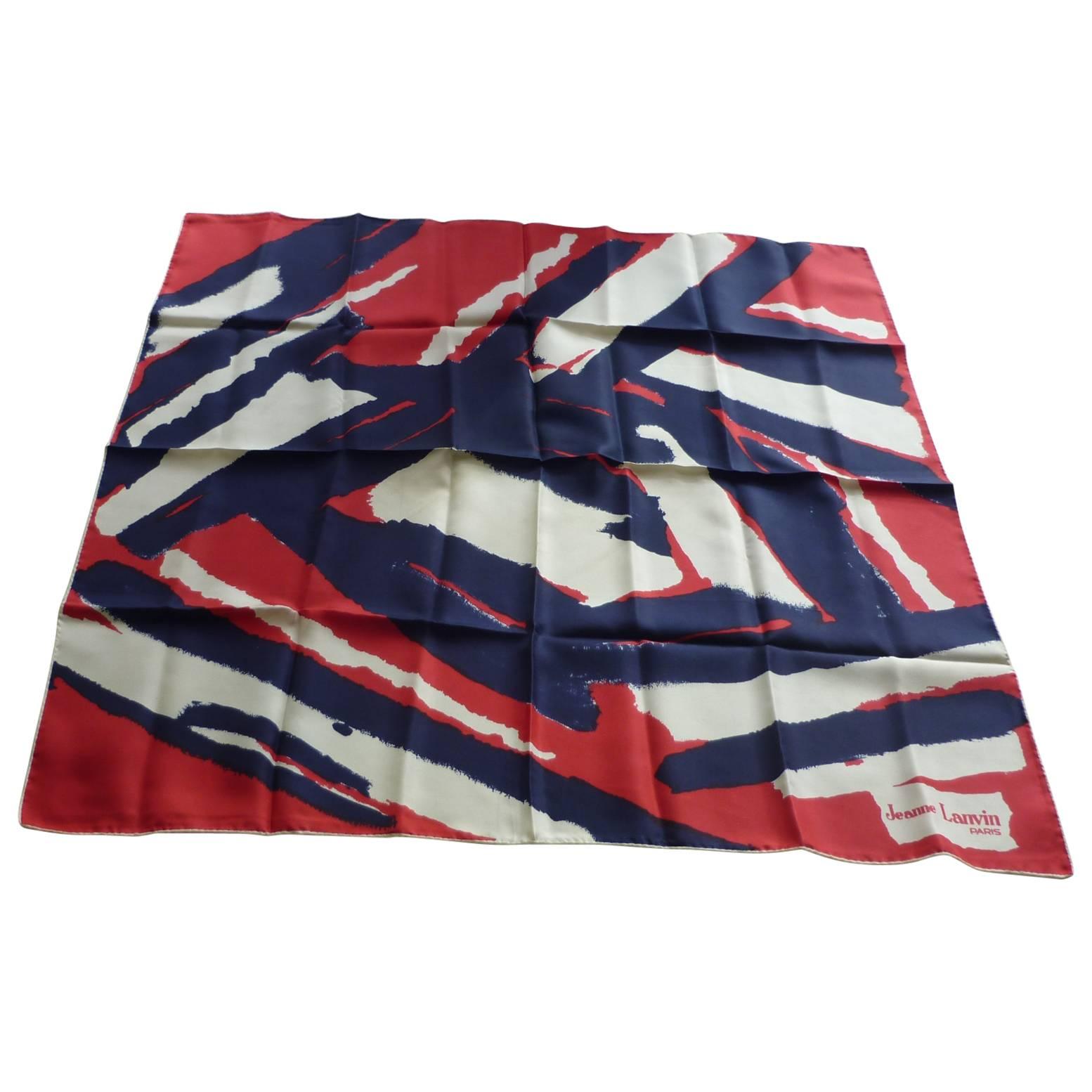 1970s Jeanne Lanvin Silk Scarf in Red, White and Blue 30.5x30"