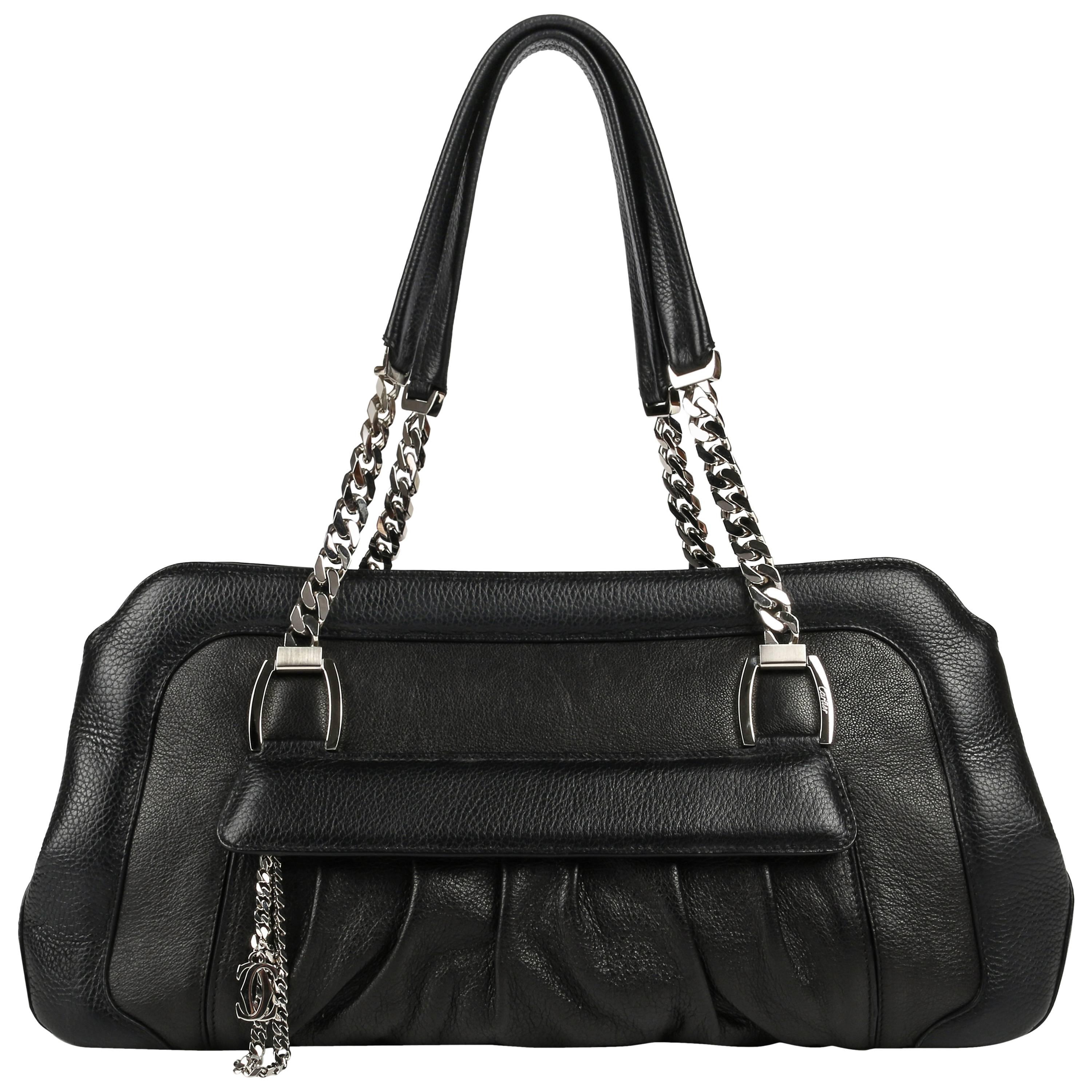 CARTIER Black Textured Leather La Dona Chain Link Satchel Bag Handbag Purse