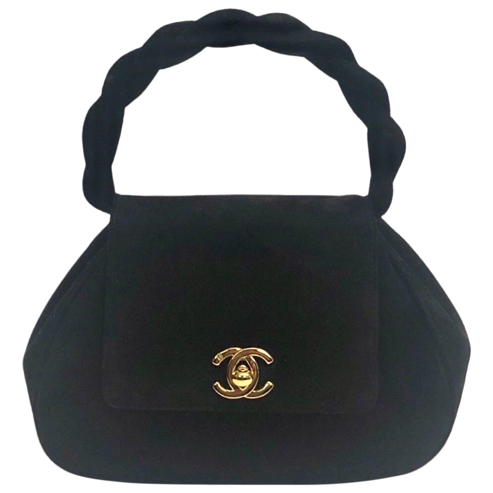 Chanel - Sac à main en daim noir "CC" à poignée torsadée avec fermeture à tour de rôle, 18 cm en vente