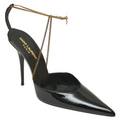 SAINT LAURENT Pompa in vernice nera con catenella YSL Logo Tacco Oro Caviglia 38,5