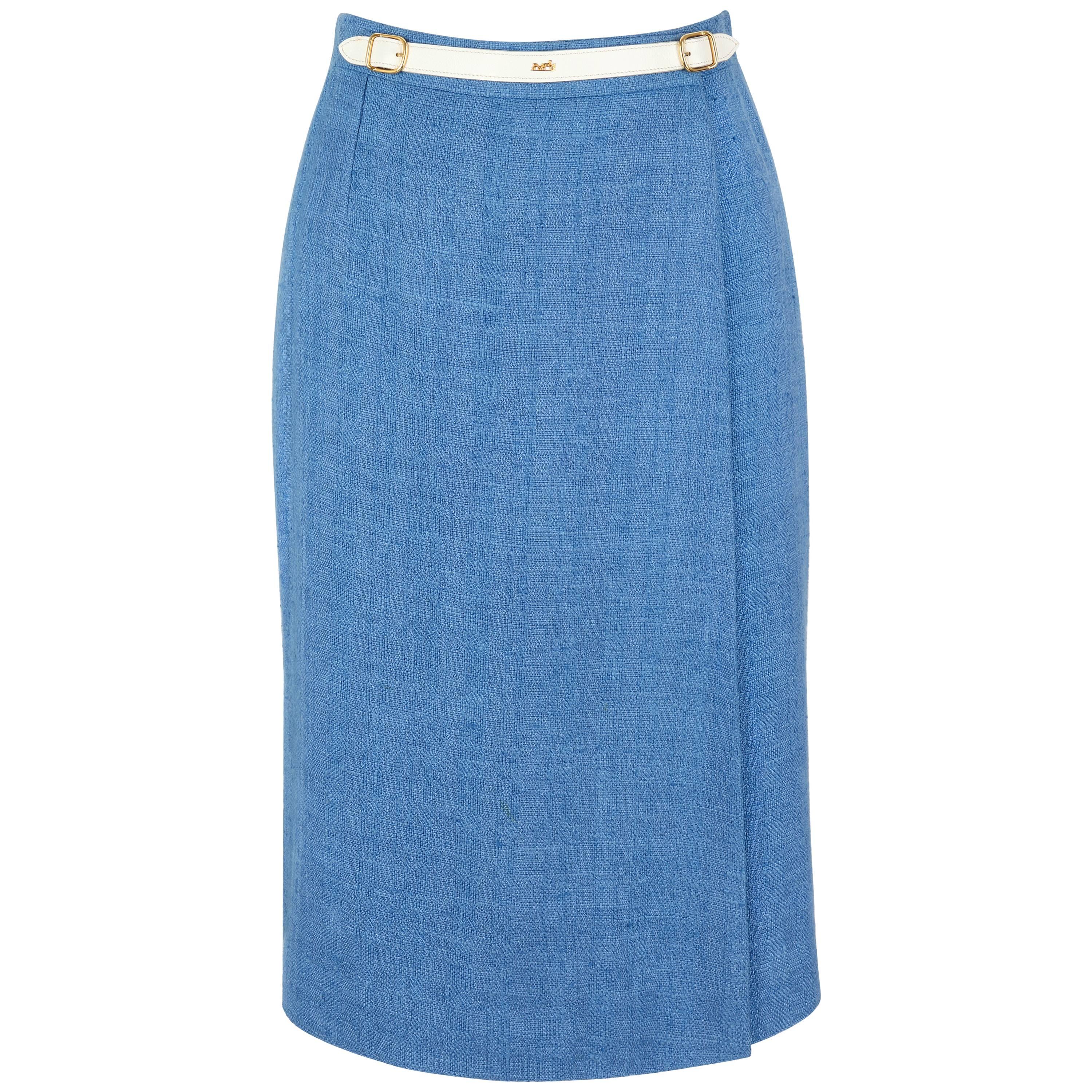 HERMES PARIS c.1980's Blue Tweed Wrap Skirt White Leather Belt Detail Size 38
