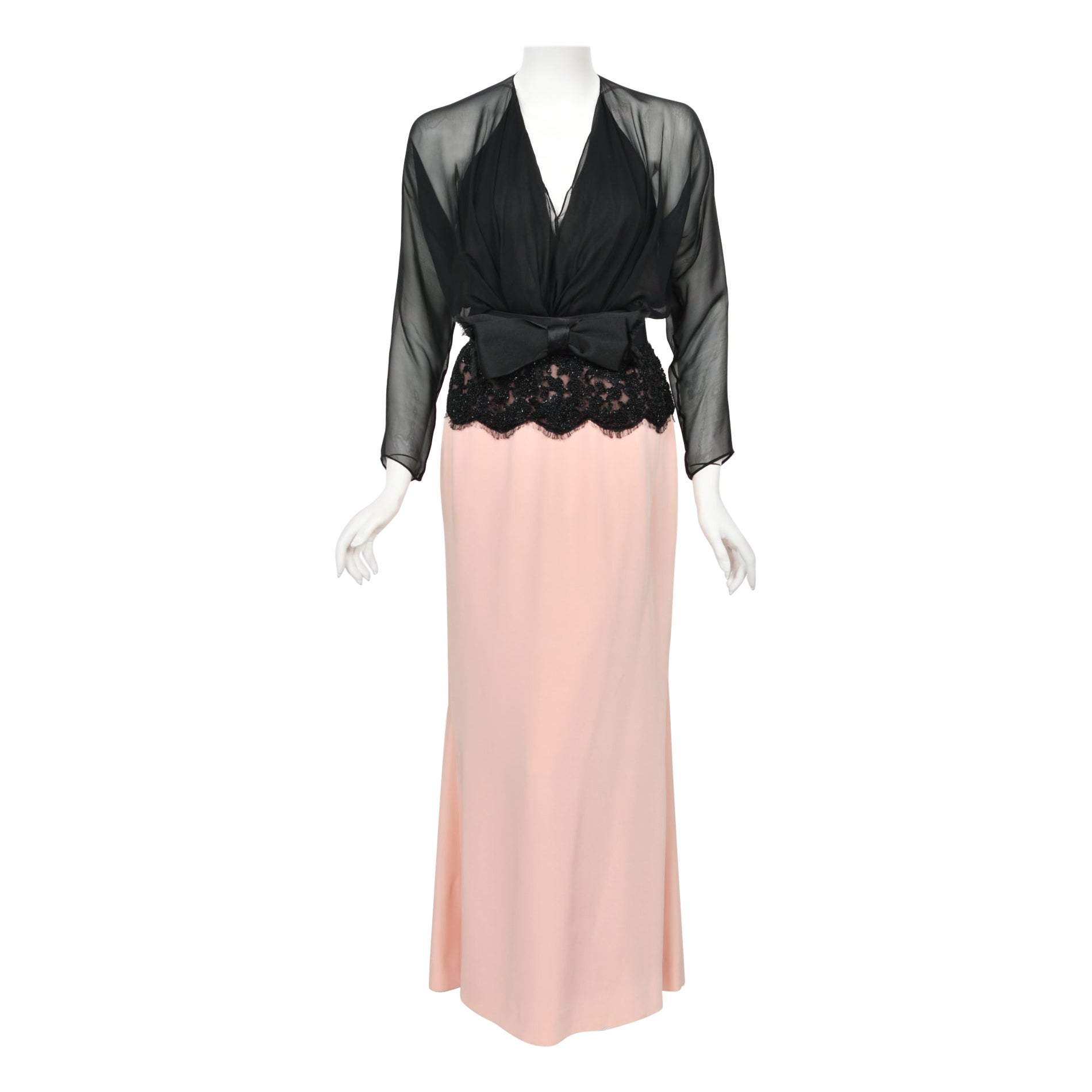1986 Oscar de la Renta Documented Runway Black Sheer Chiffon & Pink Silk Gown For Sale