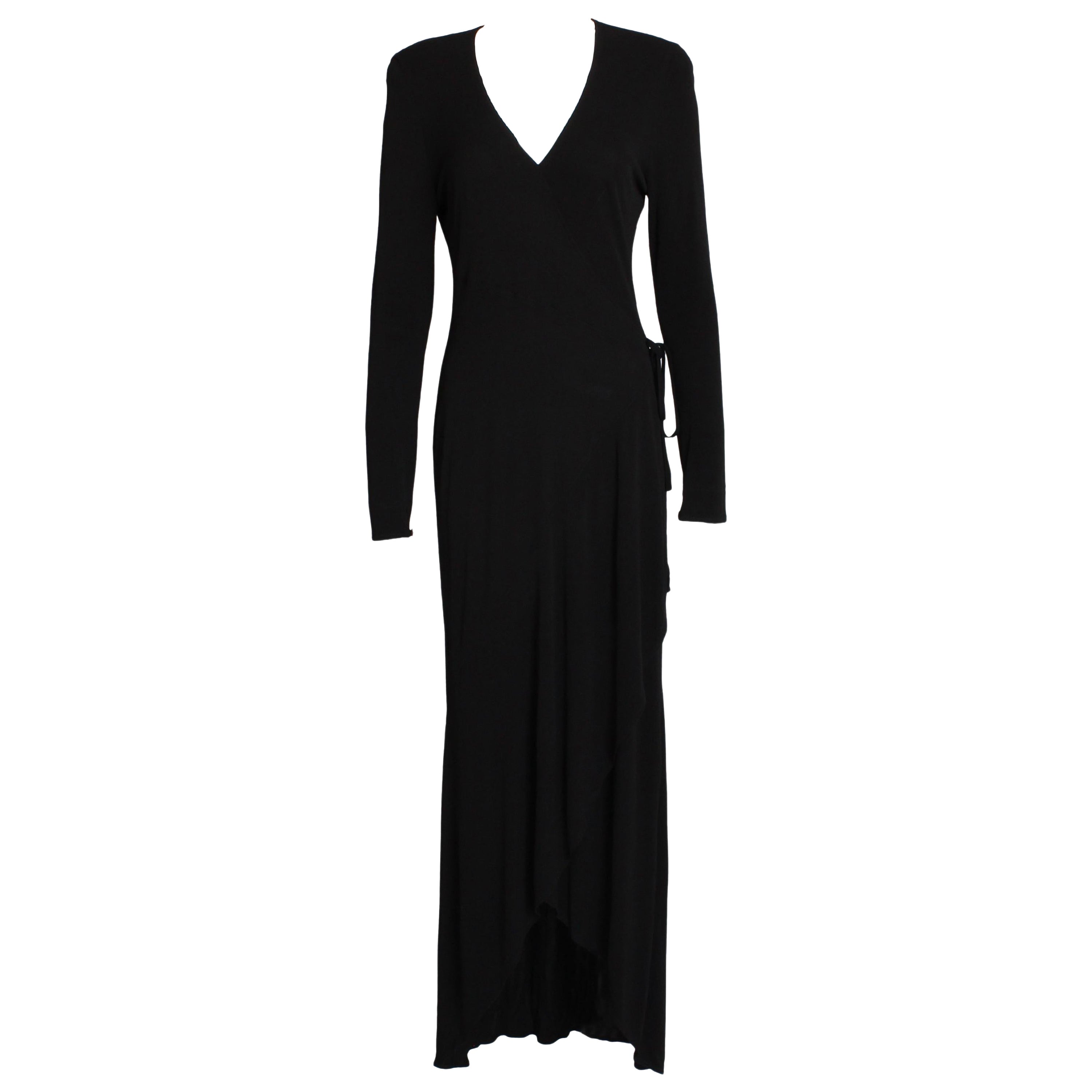 Jean Muir Long Dress Black Jersey Asymmetric Hem with Plunge Neckline Vintage  For Sale