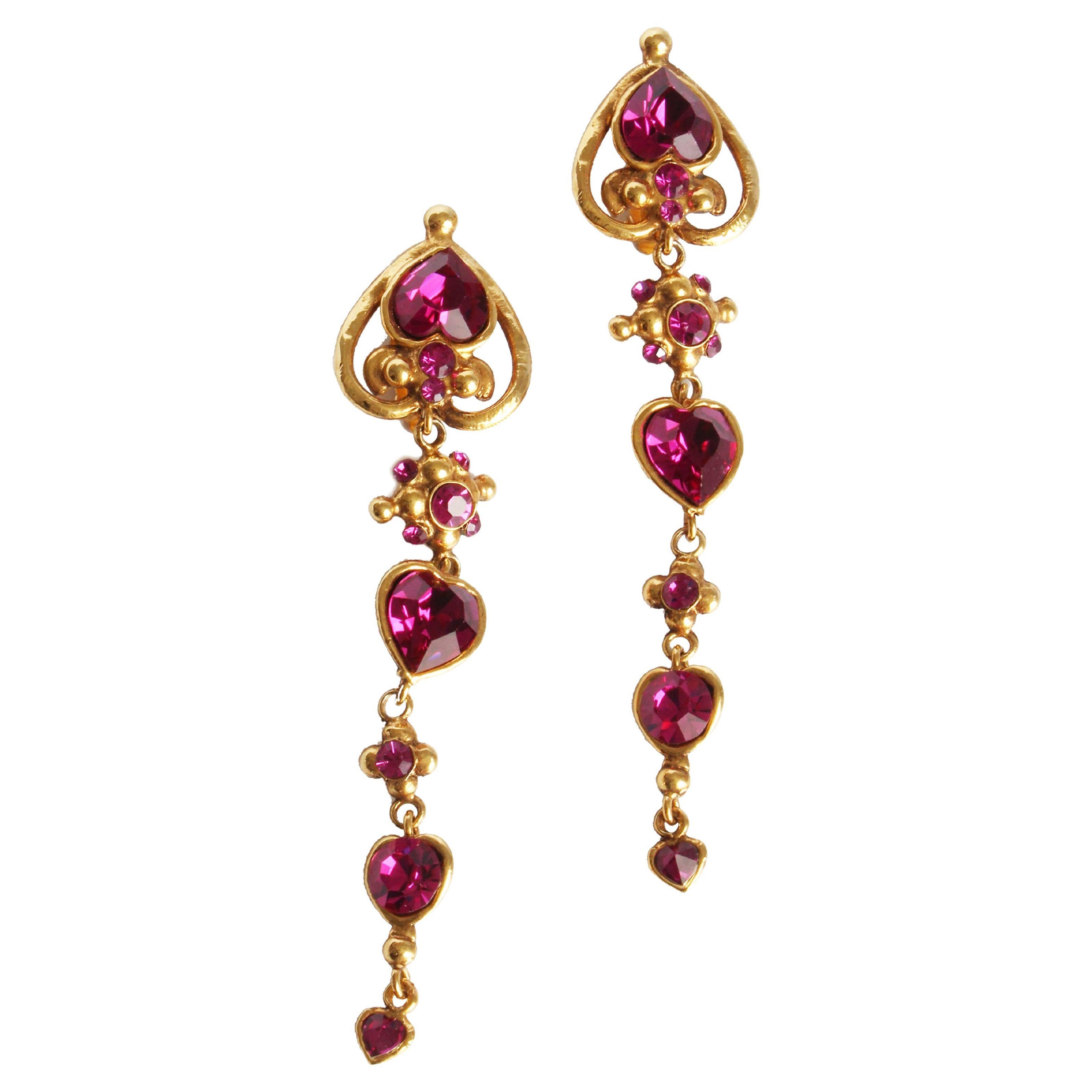 Emanuel Ungaro Earrings Long Dangle Pink Crystals Baroque Oversized 5in Vintage For Sale