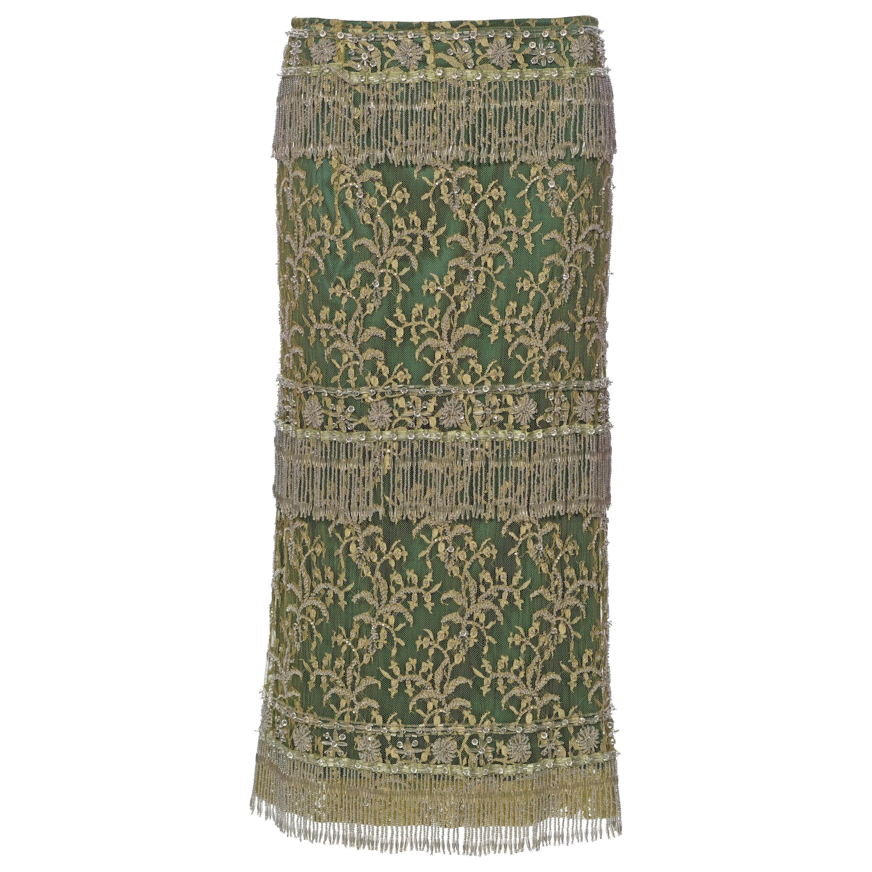 Dolce & Gabbana Beaded Chartreuse Lace Evening Skirt, ss 2000 For Sale