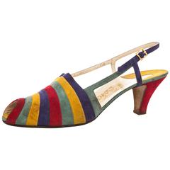 Salvatore Ferragamo Slingback Shoe With Strips Of Colored Suede, Circa 1940's 8