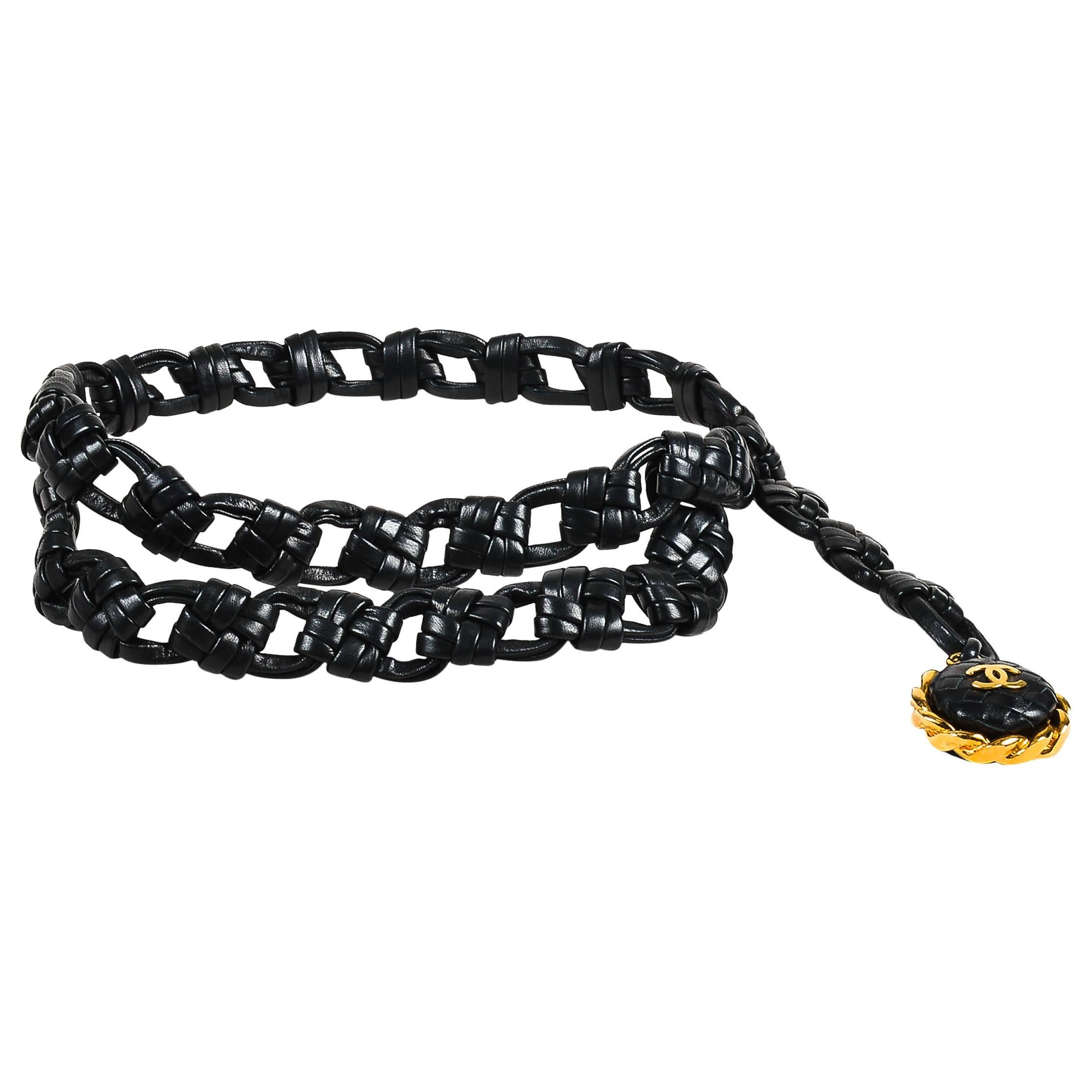 Vintage Chanel Black Gold Tone Leather Braided Charm Embellished Belt SZ 65 For Sale