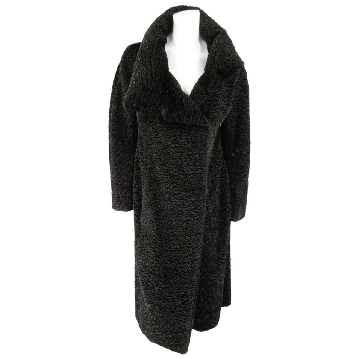 RICHARD TYLER COUTURE Size 6 Black Faux Lamb Fur Padded Collar Coat