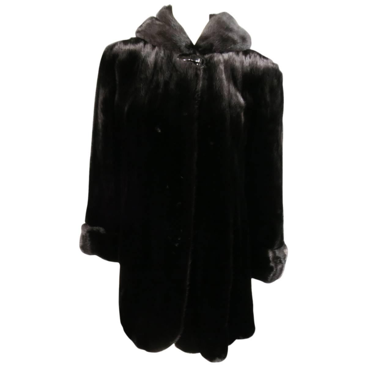 VINTAGE 1990s 1980s Size L Black Mink Fur Hooded Clasp Coat