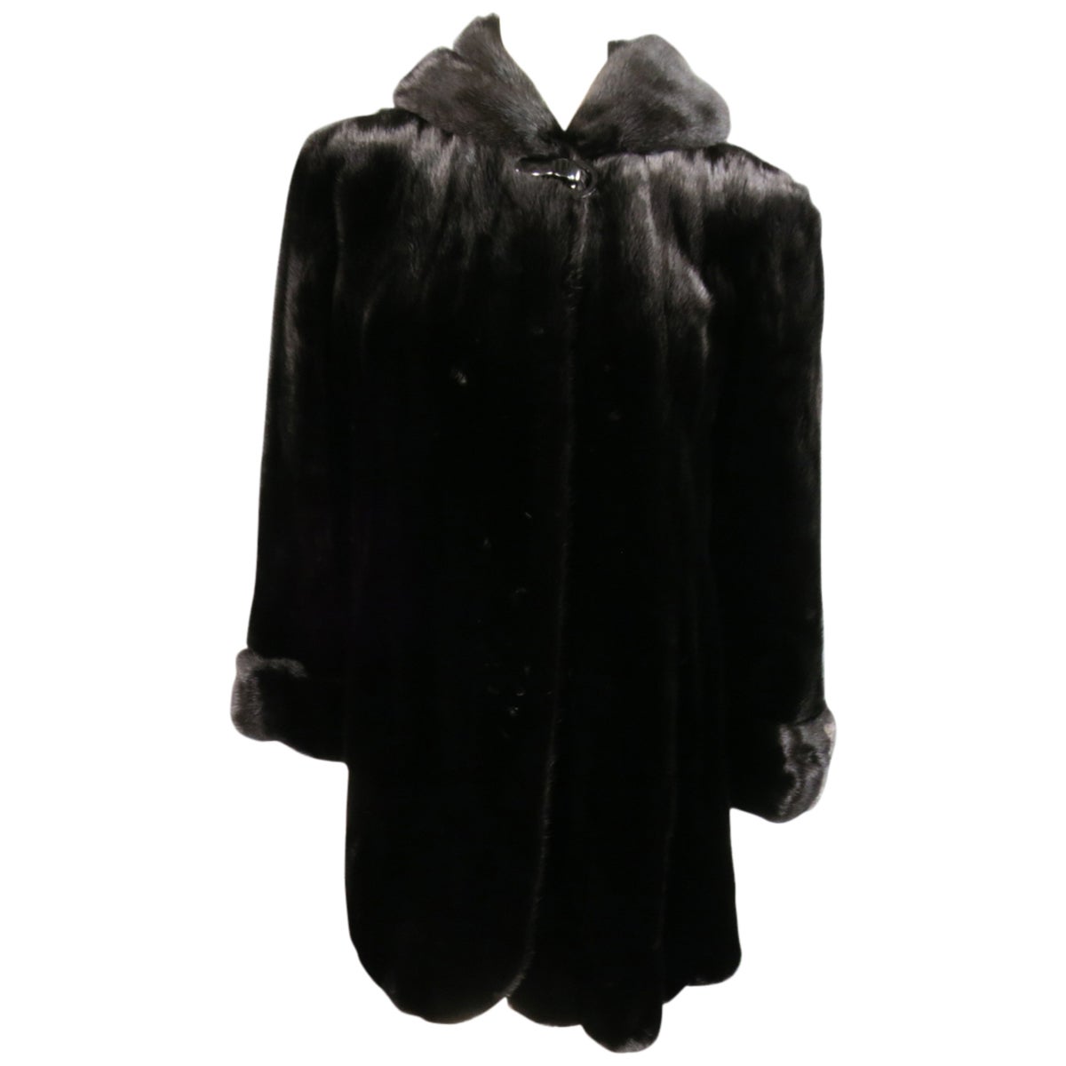 VINTAGE 1990s 1980s Size L Black Mink Fur Hooded Clasp Coat at 1stDibs