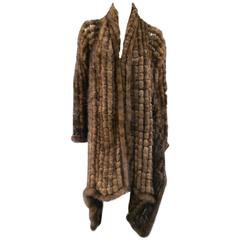 ADRIENNE LANDAU Brown Mink Fur Net Mesh High Low Open Cardigan Shawl