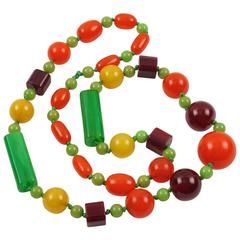 Vintage Bakelite Necklace Extra Long Shape Tutti Frutti Colors Marble Beads 8