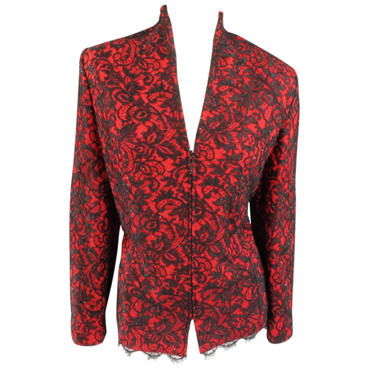 1990's ST. JOHN EVENING Size 12 Red and Black Crystal Lace Zip Jacket ...