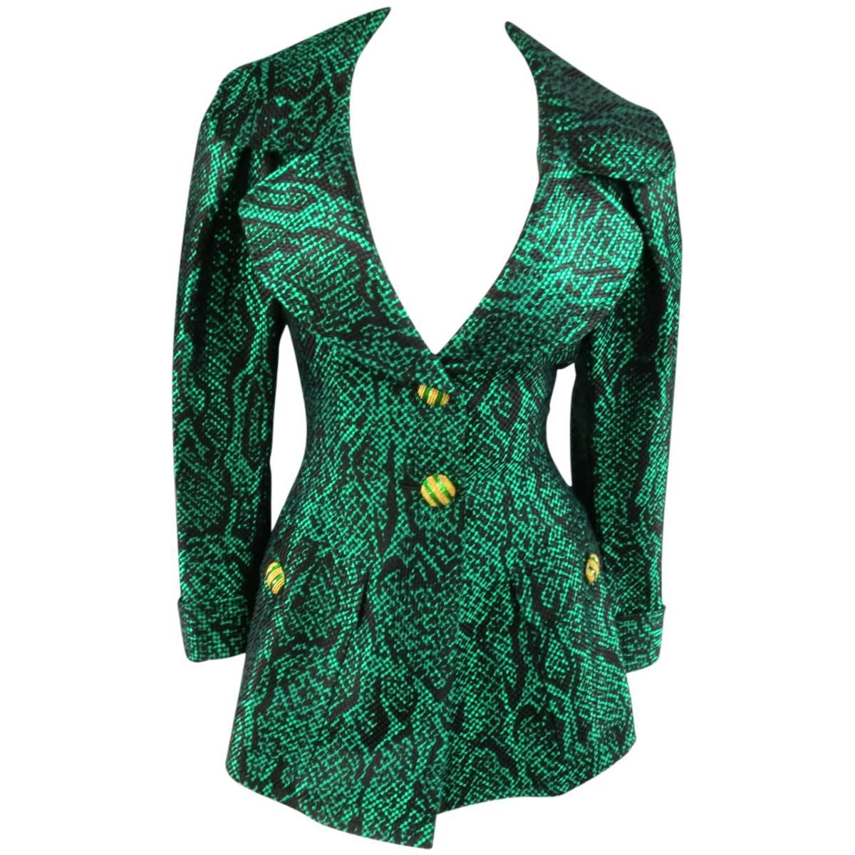 Vintage YVES SAINT LAURENT Size 6 Green Textured Python Print Gold Button Jacket