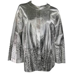 Glen Arthur for CHESTER Size 4 Metallic Silver Laser Cut Floral Leather Jacket