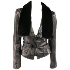 EMANUEL UNGARO 2 Black Leather Mink Fur Collar Cropped Biker Jacket Retail $5390