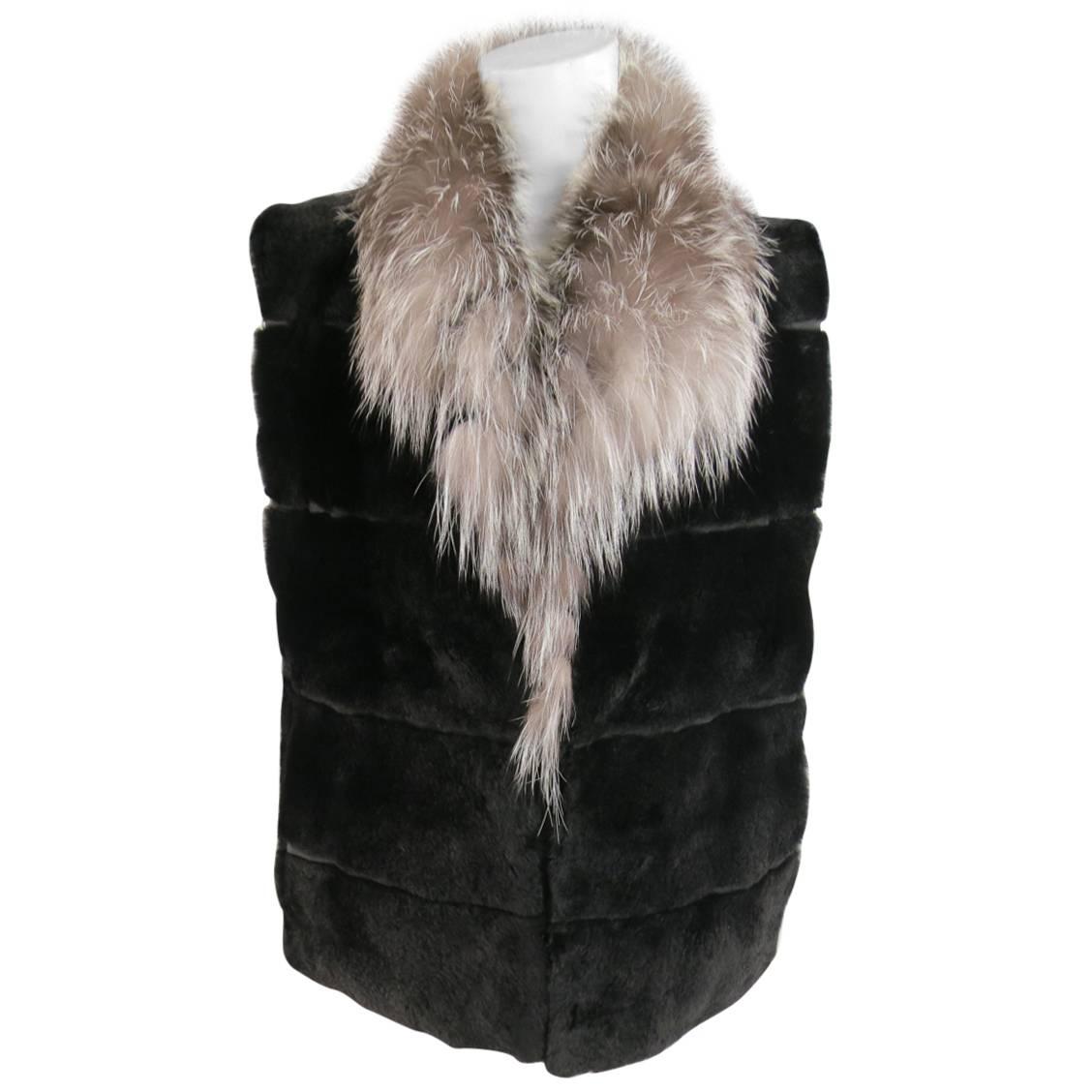 Vintage ANDRIANA FURS Size M Black Mink Silver Fox Collar Fur Vest
