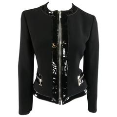 MICHAEL KORS Size 8 Black Virgin Wool & Patent Leather Zip Jacket 2