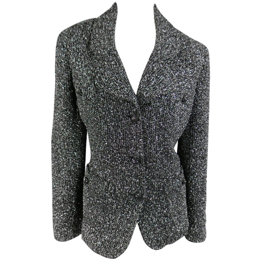 ST. JOHN CAVIAR Size 14 Black & Silver Tinsel Sparkle Knit Boucle Jacket