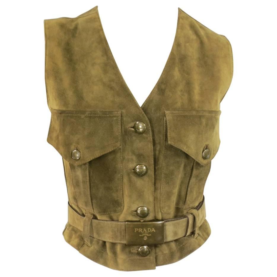 PRADA Size 4 Olive Tan Suede Cropped Military Pocket Belted Vest