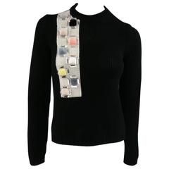 FENDI Size M Black & Beige Pastel Mink Fur & Crystal Cashmere Sweater