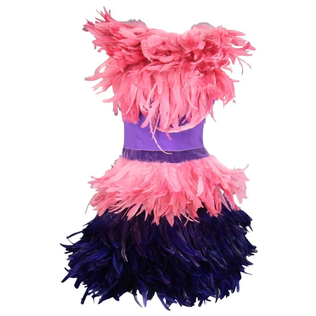MOSCHINO Size 6 Pink & Purple Spring 2016 Feather & Velvet Cocktail Dress