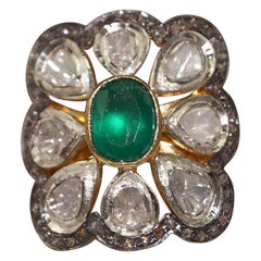 Natural real uncut diamonds sterling silver emerald statement ring