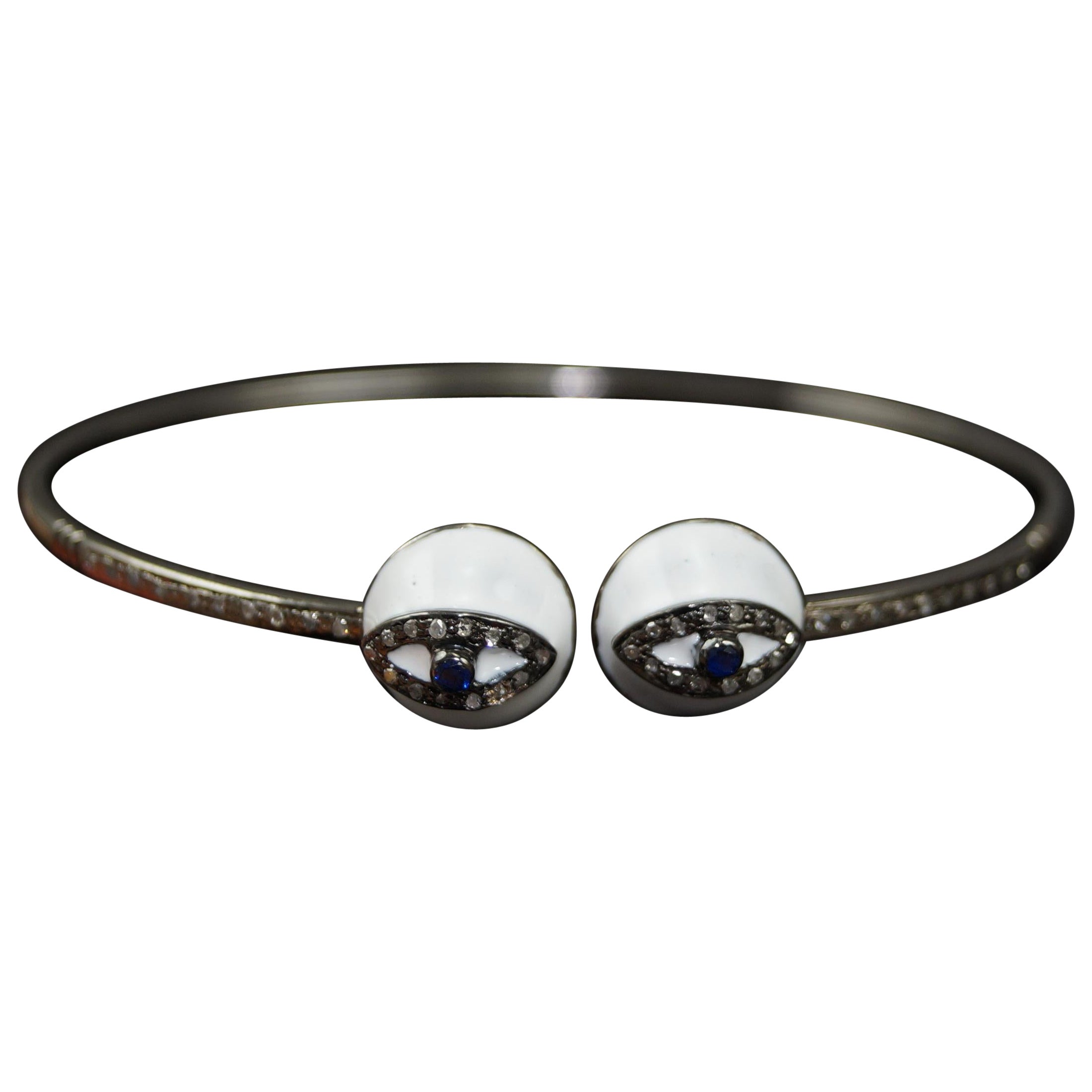 Natural pave diamond evil eye oxidized sterling silver open handcuff bracelet For Sale