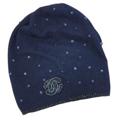 Chanel Cashmere Navy Blue Sequins CC Logo Hat