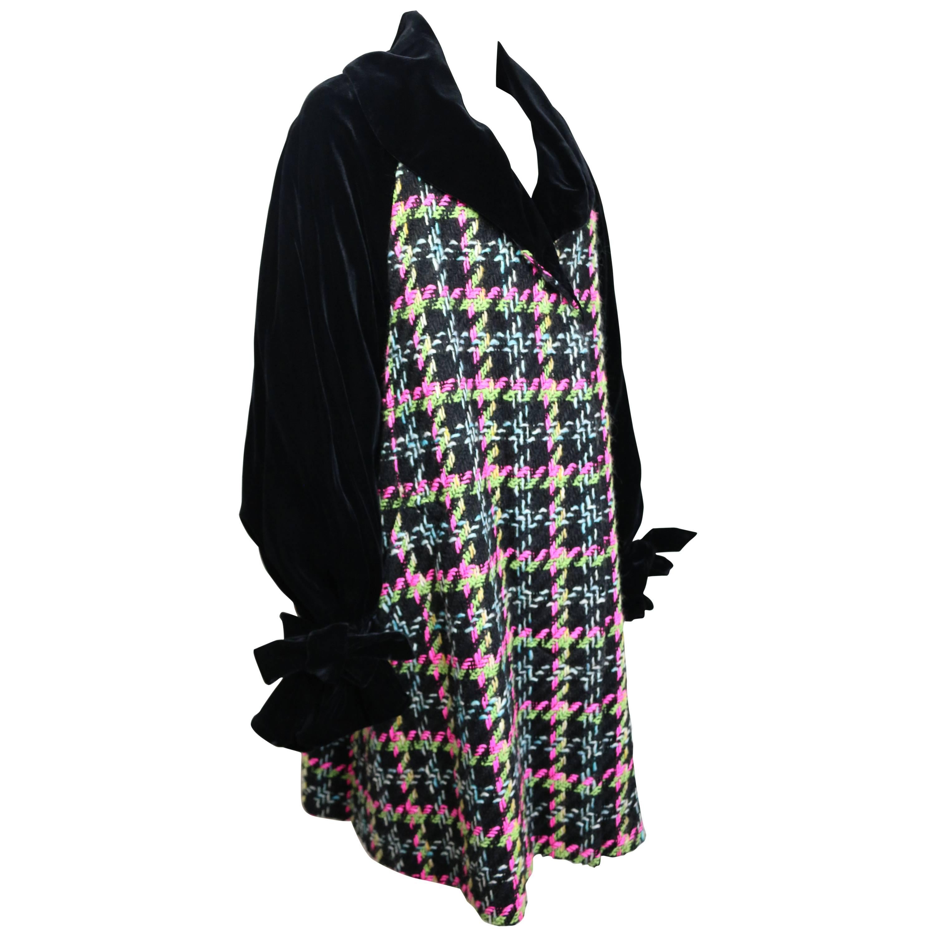 Christian Lacroix Black Velvet Colours Houndstooth Tweed Oversized Long Coat For Sale