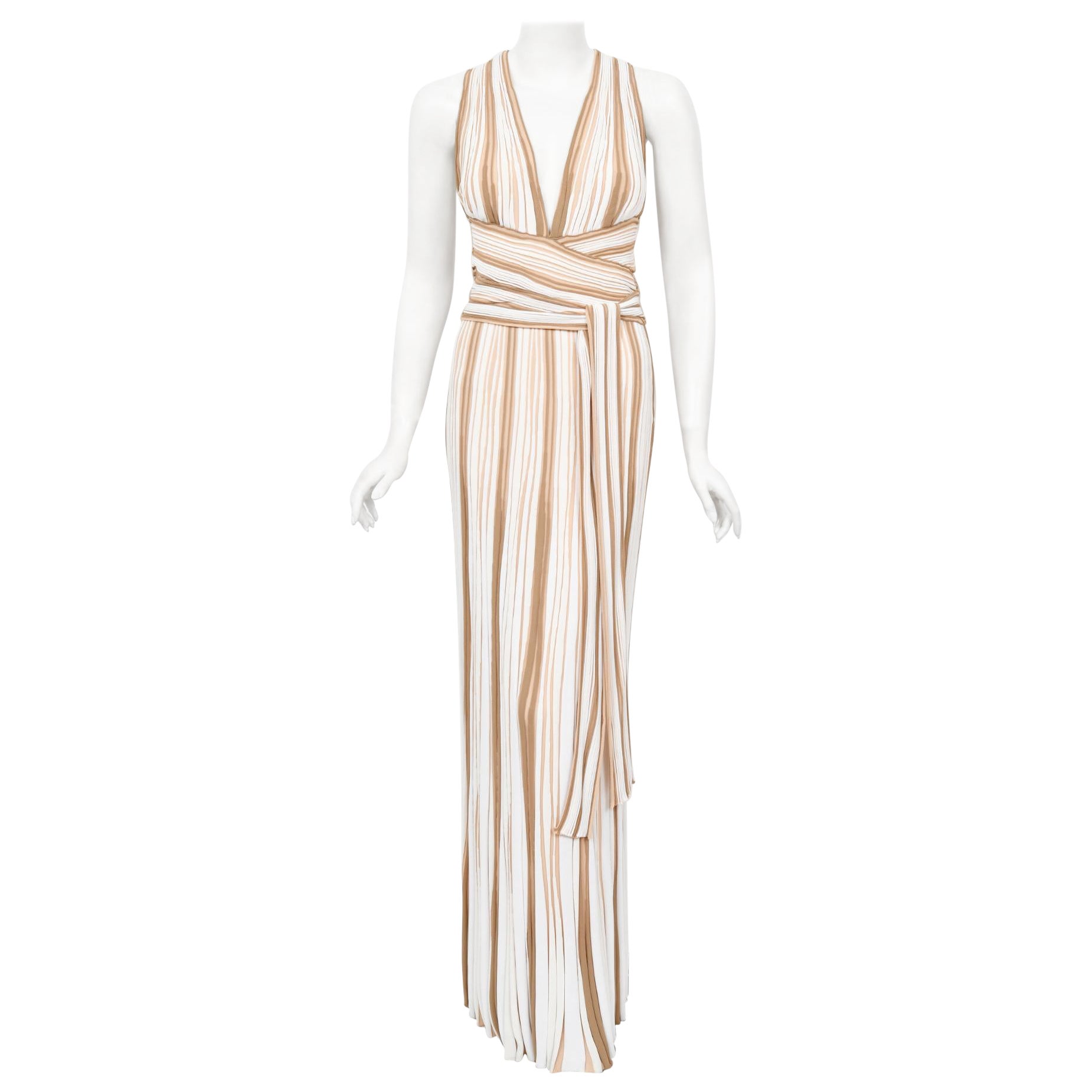 2002 Christian Dior by John Galliano Striped Stretch Knit Low-Plunge Maxi Dress For Sale