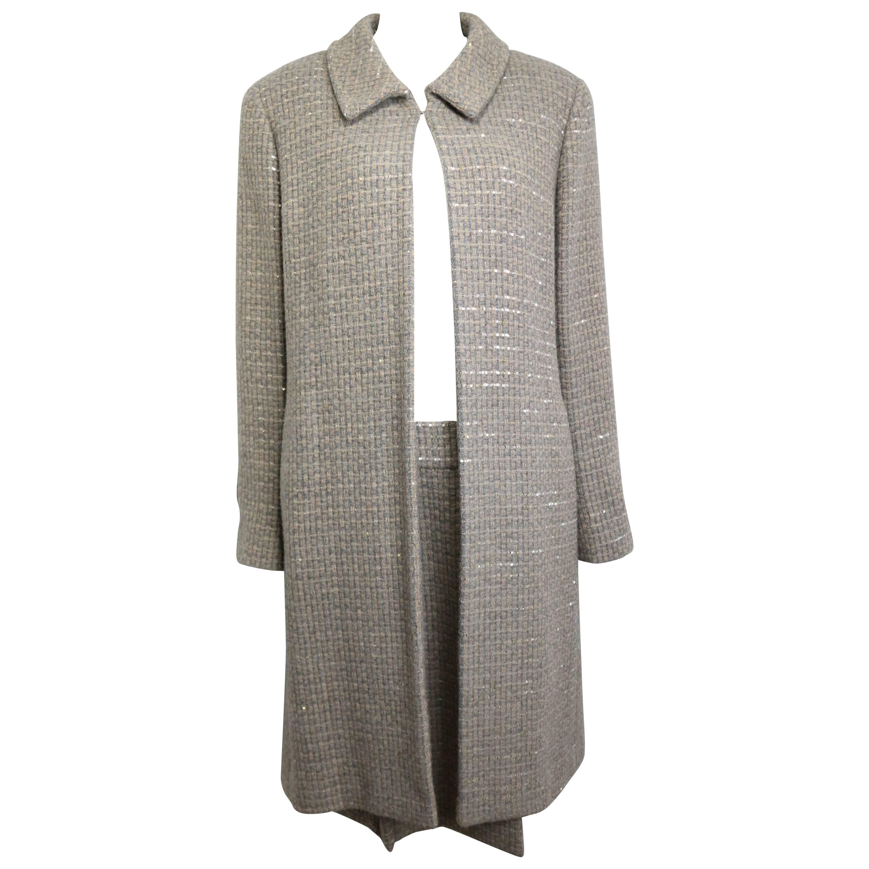 Chanel Grey/Camel Tweed Coat/Skirt Ensemble with Gold and Silver Sequins  For Sale