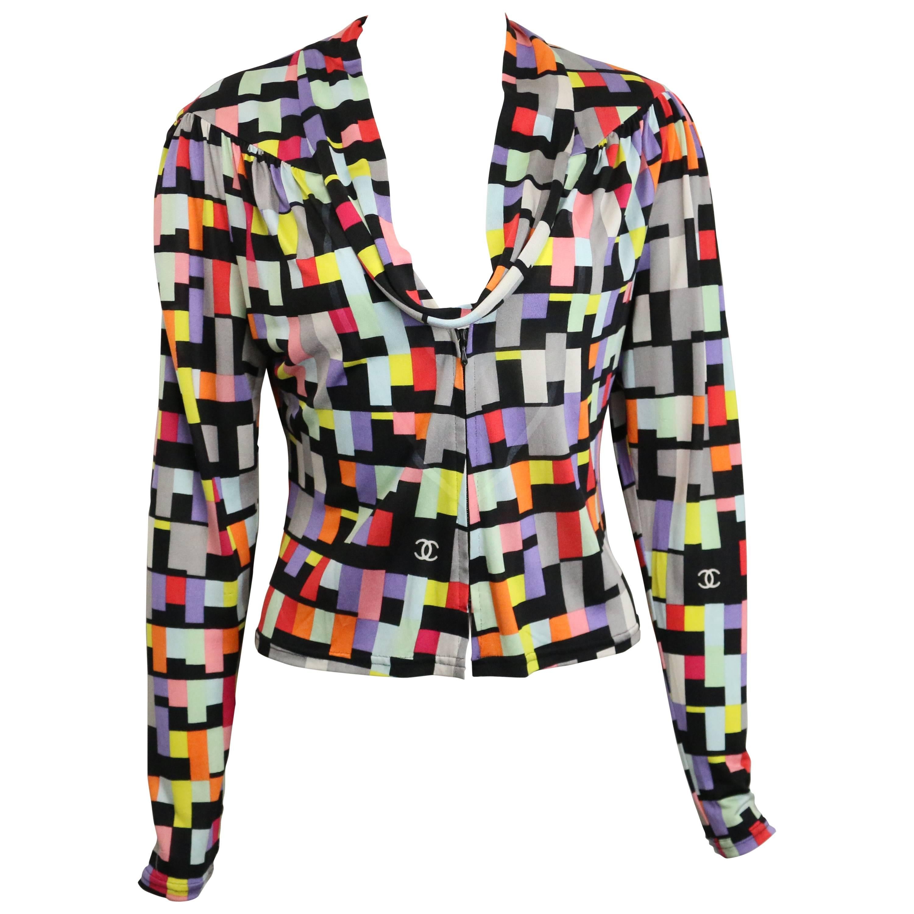 Chanel Silk Colour Blocking Cropped Zipper Blouse  For Sale