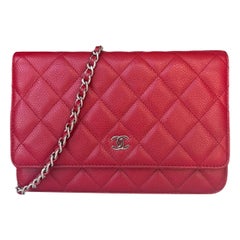 Chanel Brieftasche auf Ketten WOC Classic Rot Kaviar Leder Silber Hardware