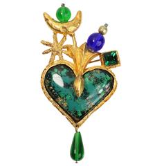 Vintage Christian Lacroix Green Resin Inlaid Heart Gold Toned Star and Moon Brooch 