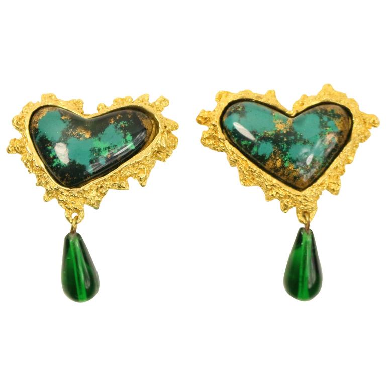 Christian Lacroix Resin Inlaid Heart Gold Toned Clip On Drop Earrings ...