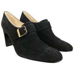 Vintage Chanel Black Suede Square Toe Ankle Strap Heels