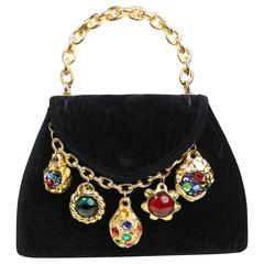 Vintage 80s Black Velvet Quilted Colour Rhinestones Charms Gold Toned Handbag 