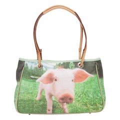 ANYA HINDMARCH green pink Piglet print leather handle small tote bag