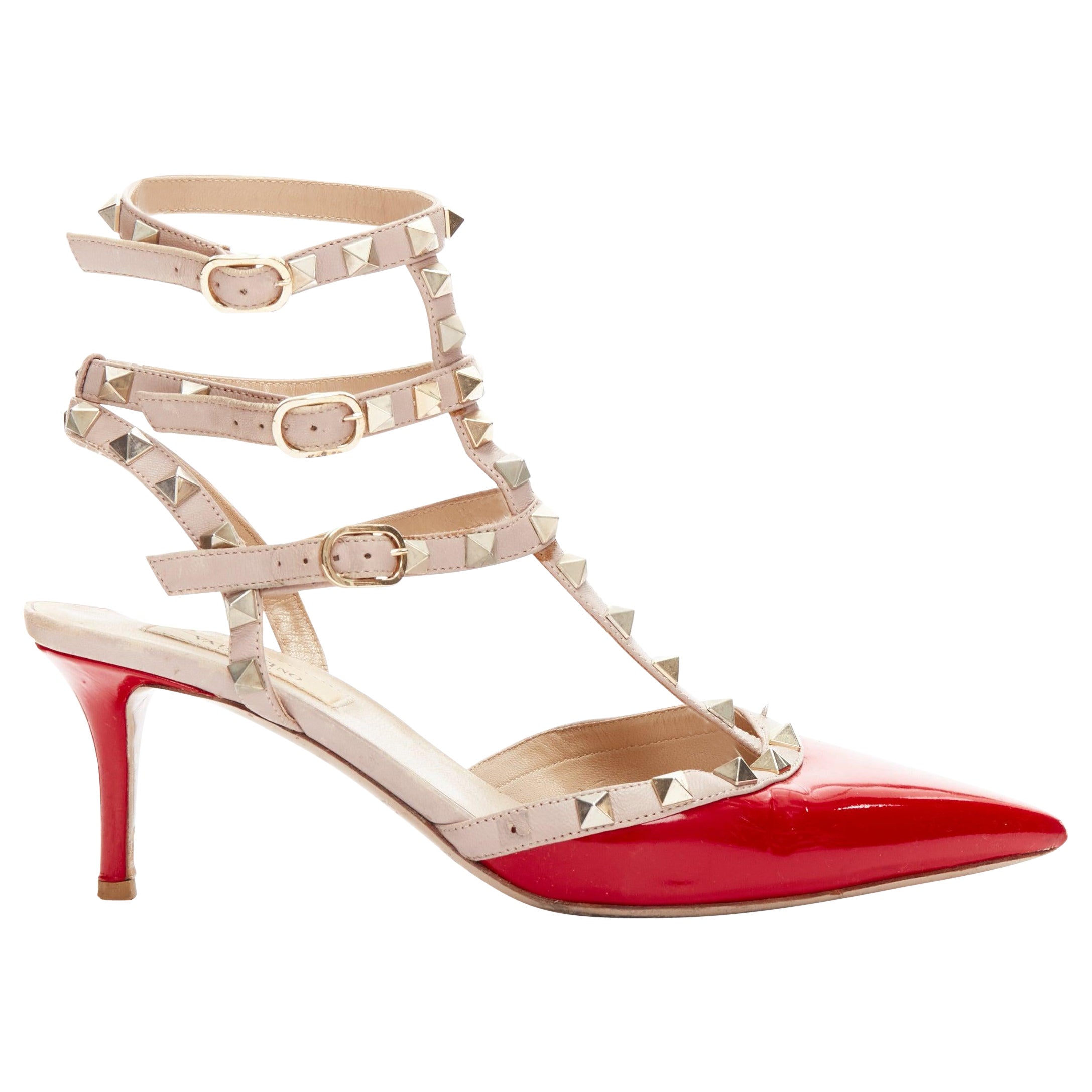 VALENTINO Rockstud red patent leather gold stud caged pump EU38 For Sale