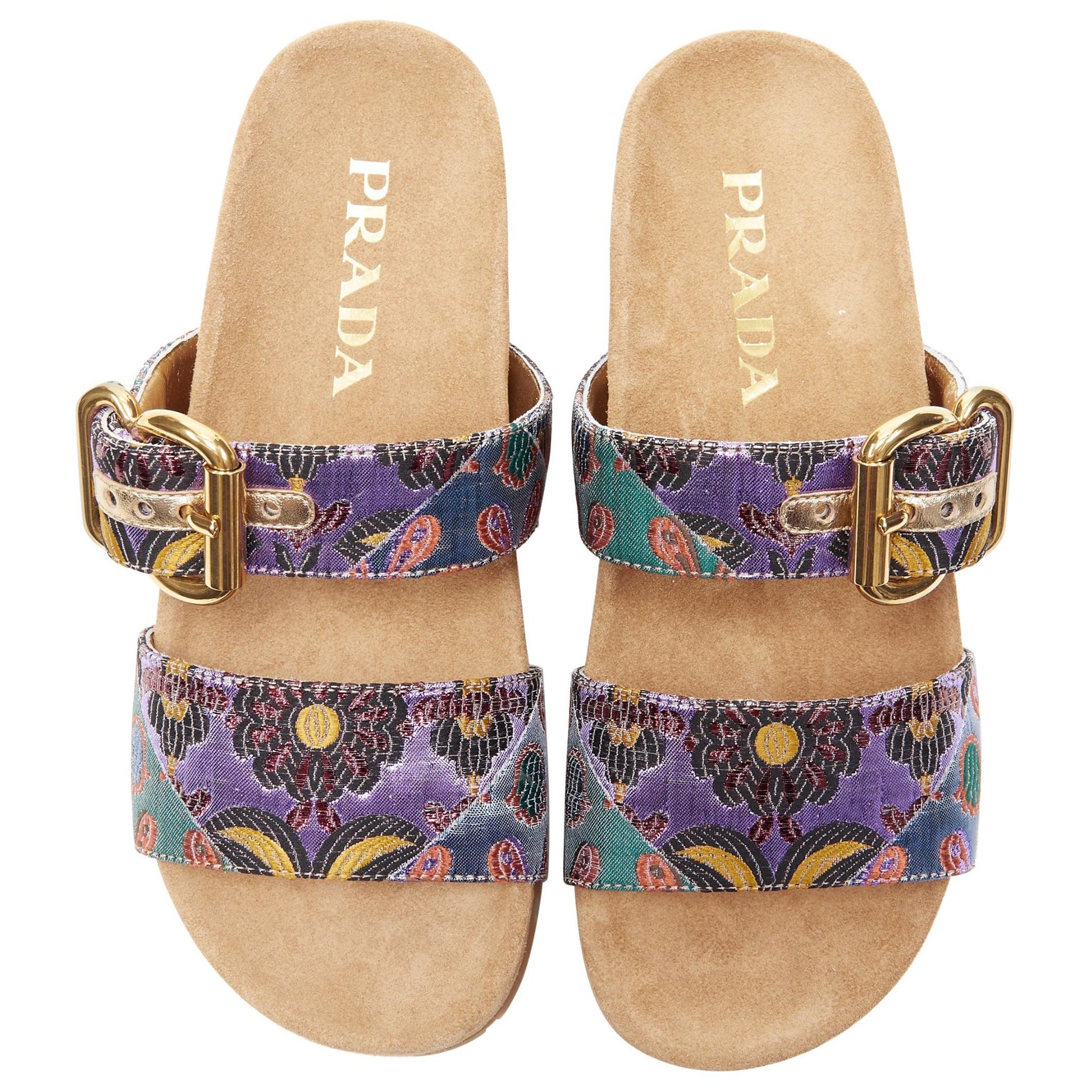 new PRADA metallic floral jacquard gold buckle strap suede slides sandals EU37.5